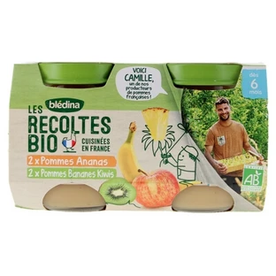 Blédina Les Récoltes Bio: Apples & Pineapples + Apples, Bananas, and Kiwis—For Babies 6 Months and Up—Organic—4 Jars