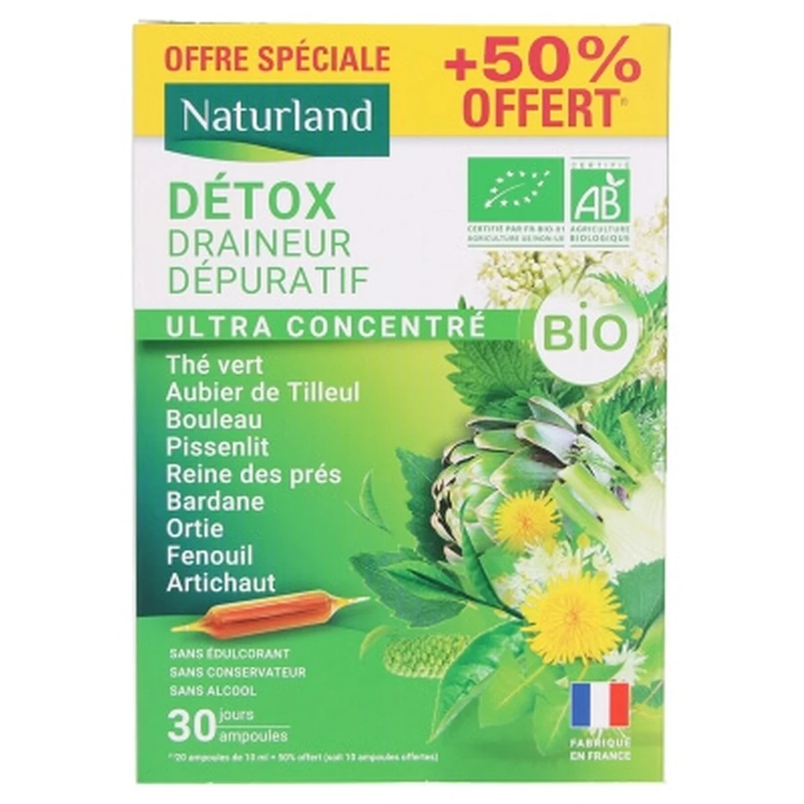 Naturland Detox, drenant și purificator, ultra-concentrat, organic, 20 de fiole + 10 gratuite