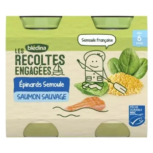 Blédina "Les Récoltes Engagées" Spinach, Semolina, and Wild Salmon—For Babies 6 Months and Up—2 Jars