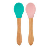 Set 2 lingurite cu varf din silicon si maner din bambus, Aqua Green/Pinky Pink, Minikoioi