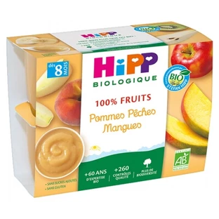 HiPP 100% Frutta: mele, pesche, mango — Per bambini dagli 8 mesi in su — Biologico — 4 vasetti