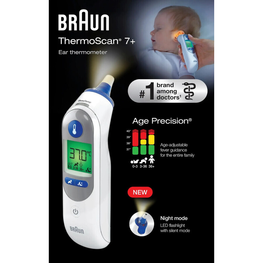 Termometru auricular pentru copii ThermoScan7+ cu Age Precision, 1 bucată, Braun