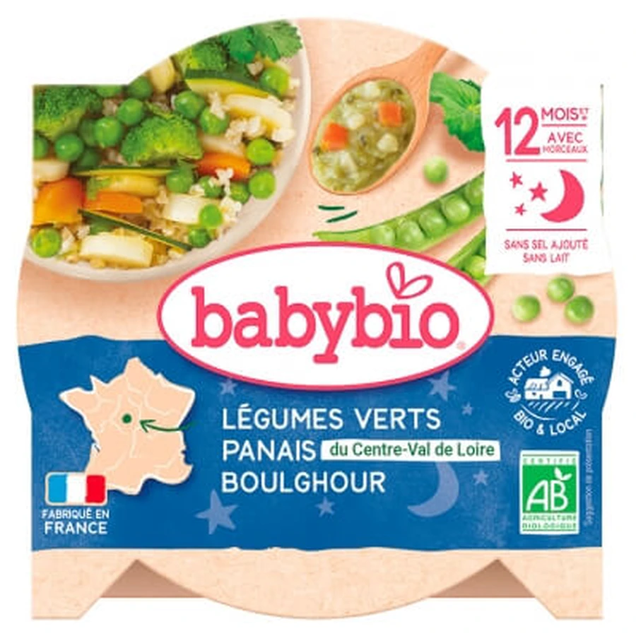 Babybio Good Night: gebakken groene groenten, pastinaak en bulgur — vanaf 12 maanden — biologisch — 230 g