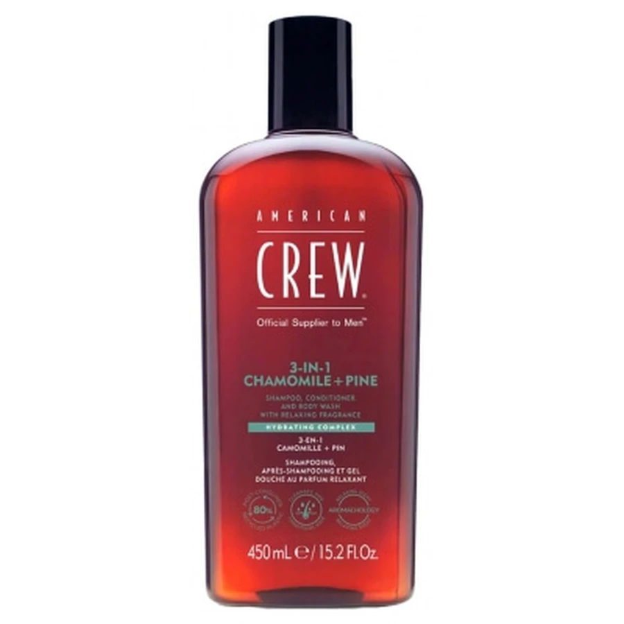 American Crew 3 en 1: champú, acondicionador y gel de ducha de manzanilla y pino (450 ml), revitalizante, hidratante y calmante