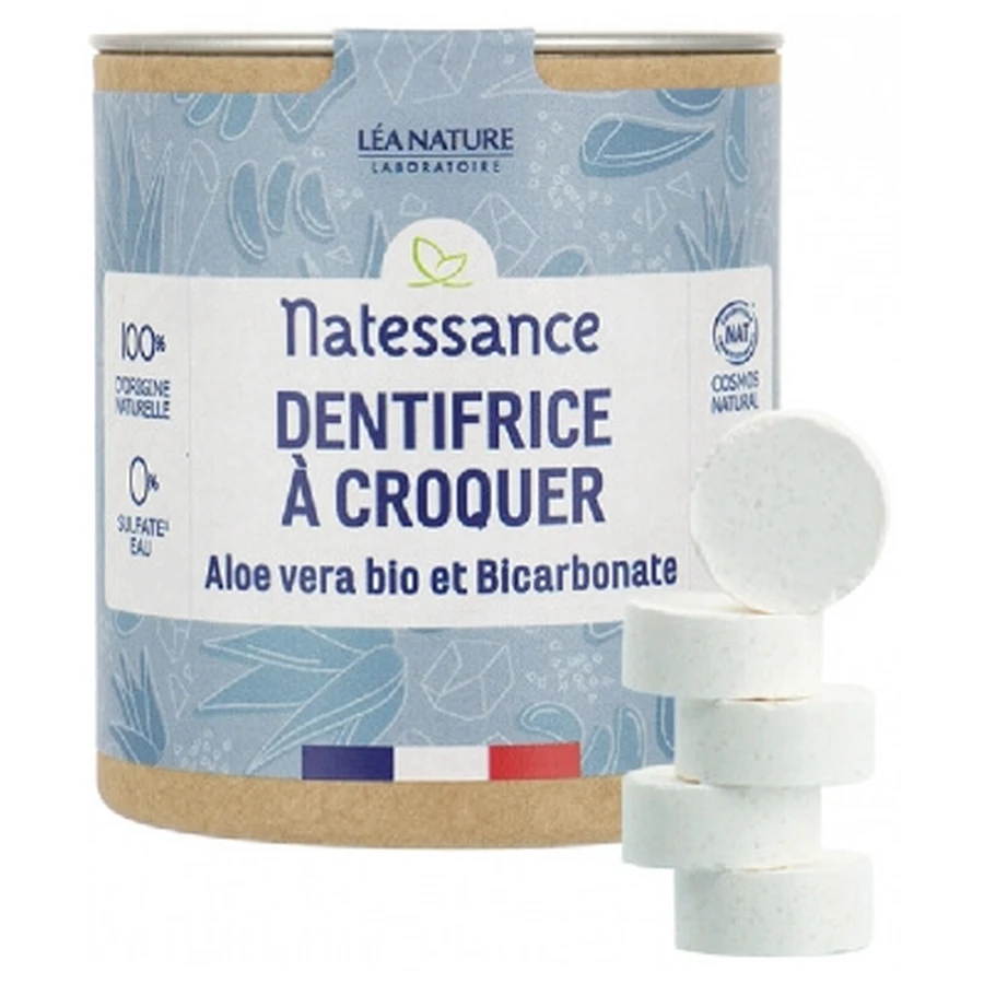 Pasta de dientes masticable Natessance con aloe vera ecológico y bicarbonato sódico, 80 comprimidos