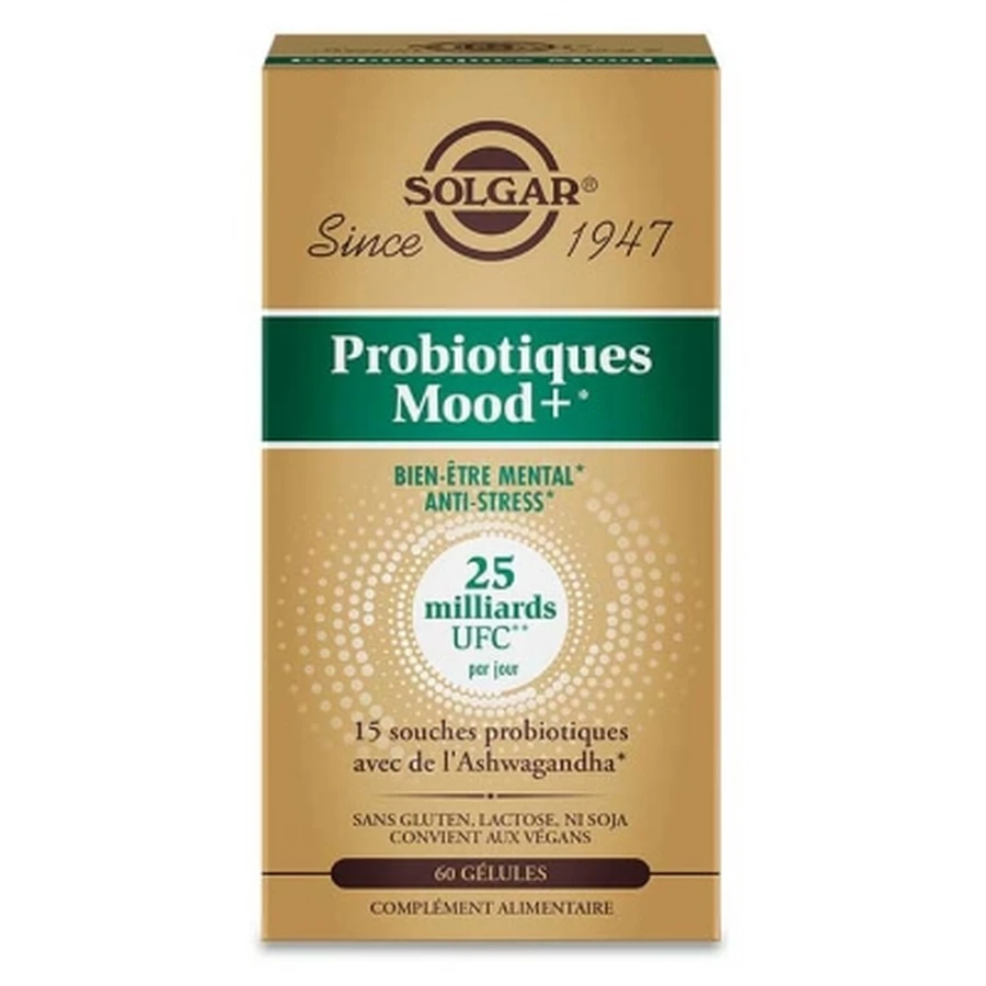 Solgar Mood+ Probiotici per il benessere mentale e l'alleviamento dello stress, 60 capsule