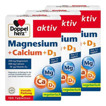 Doppelherz Magnésium + Calcium + D3, comprimés, 3 boîtes de 100 comprimés