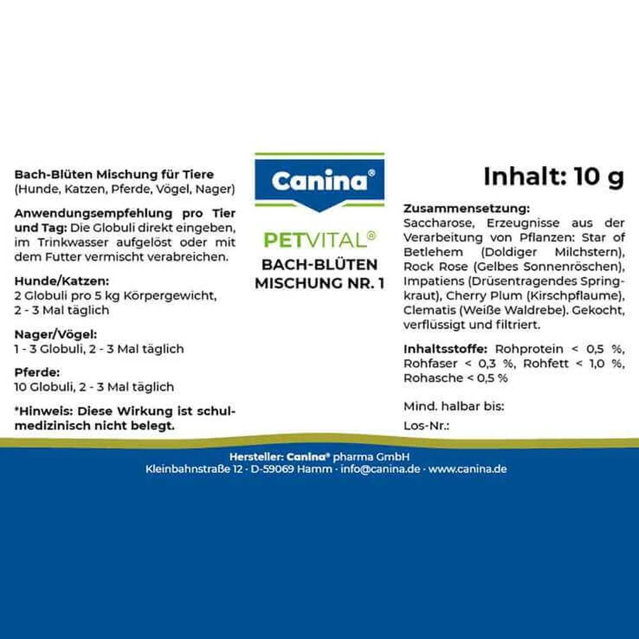 Petvital Flori de Bach nr. 1, globule veterinare (pentru animale), 10 g globule