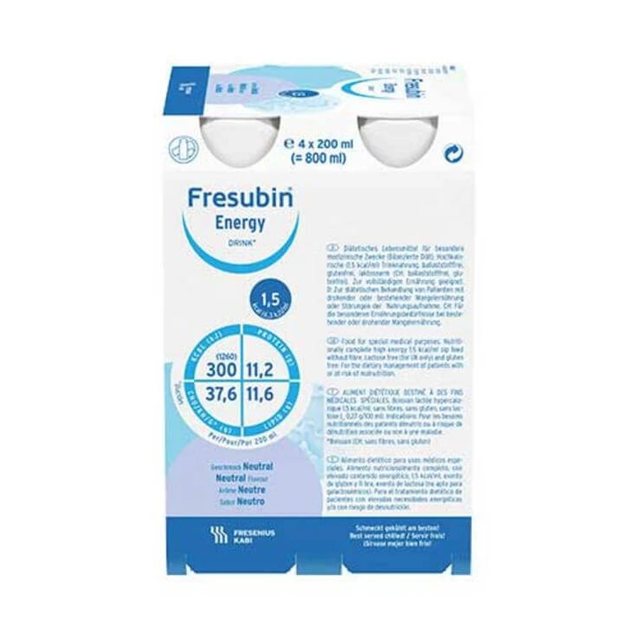 Fresubin Energy Drink, bottiglia d'acqua neutra, 4 x 200 ml di liquido