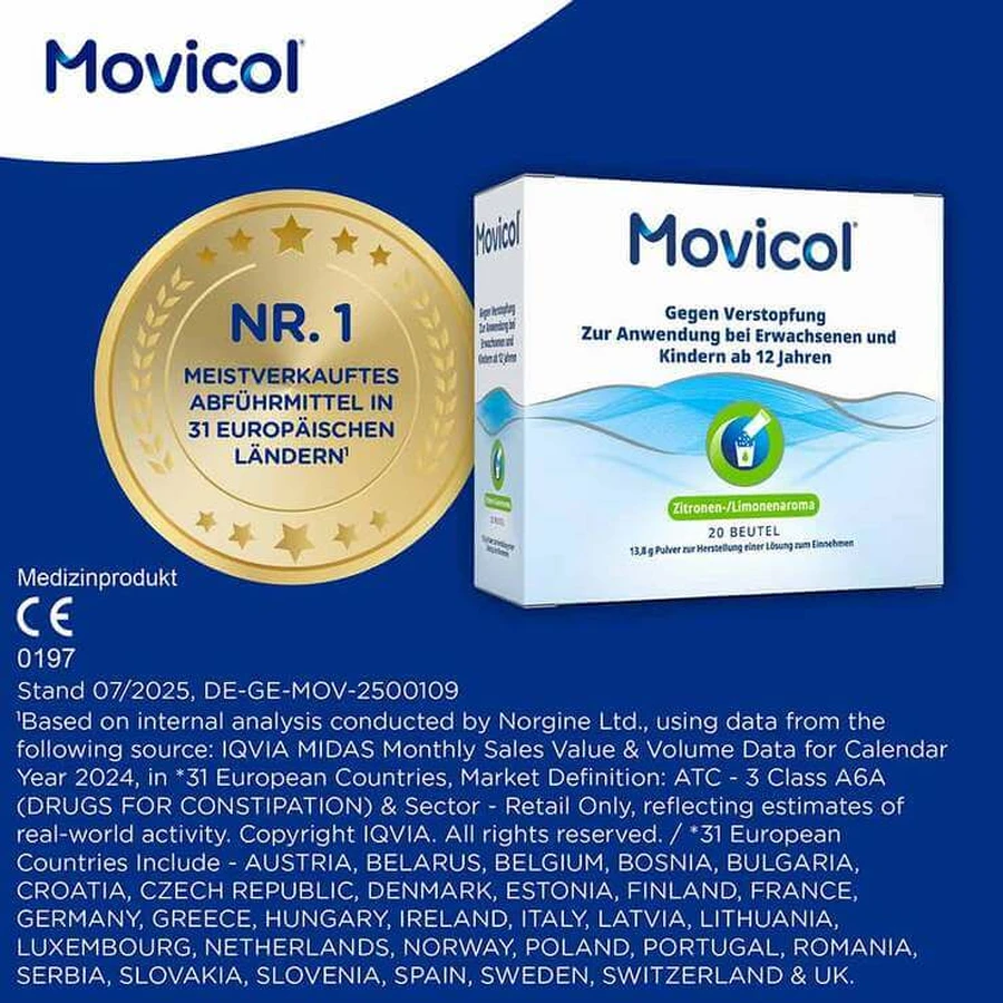 MOVICOL® plicuri cu pulbere – ajutor rapid în caz de constipație, 100 de plicuri cu pulbere pentru prepararea unei soluții orale
