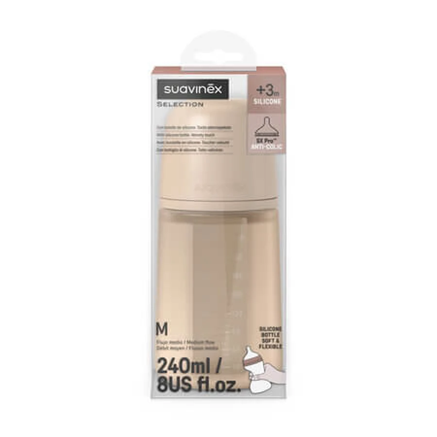 Silikon-Babyflasche mit SX PRo Soft-Sauger (mittlerer Durchfluss), Farbe: Essence, Beige, ab 3 Monaten, 240 ml, Suavinex