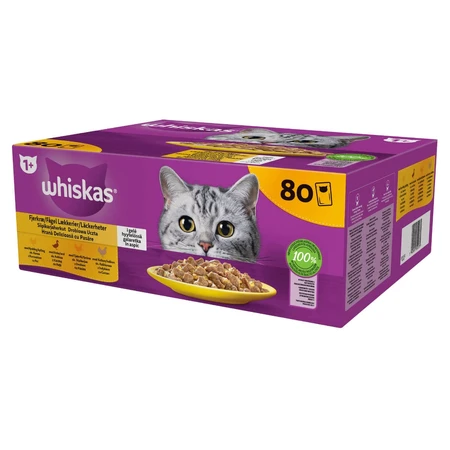 WHISKAS 1+ Poultry Feasts Selectii, Pasăre, plic hrană umedă pisici, (în aspic), multipack, 85g x 80