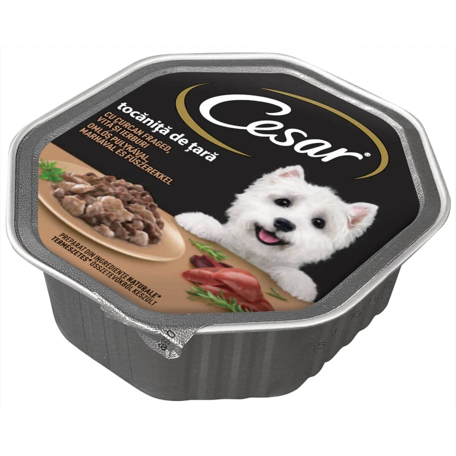 CESAR Country-Style Stoofpotje, kalkoen, rundvlees en kruiden, nat hondenvoer in een bakje (in eigen sappen), 150 g