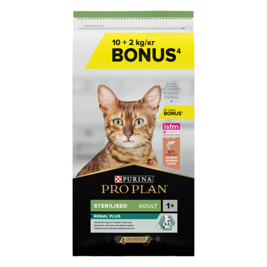 PURINA Pro Plan Renal Plus Sterilised, Lachs, Trockenfutter für kastrierte Katzen, 10 + 2 kg GRATIS
