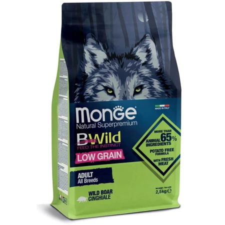 MONGE BWild, XS-XL, Wildzwijn, drooghondenvoer met weinig graan, 2,5 kg