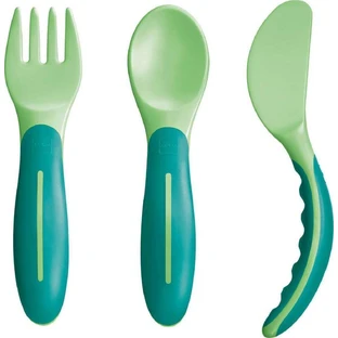 Mam | Babybestek | Set met vork, lepel en mes 6 maanden+ Groen | 3-delige set