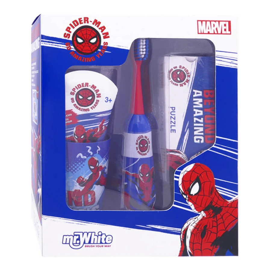 MR WHITE SPIDER-MAN CADEAUSET: TANDENBORSTEL + TANDPASTA + BEKER