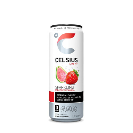 Celsius Energy Drink, Kohlensäurehaltiges Energiegetränk mit Erdbeer- und Guavengeschmack, 355 ml