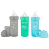 Juego de 3 biberones TWISTSHAKE, anticólicos, 260 ml, gris, verde, azul