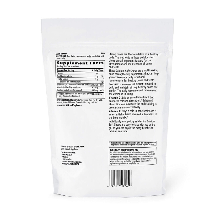 Gnc Calcium Soft Chews 600 Mg, Karamell Calcium, mit natürlichem Karamell-Geschmack, 60 Stück