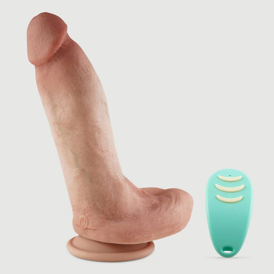 Vibrador de silicona realista Matador de 22,5 cm con testículos y ventosa, controlable a distancia - Color piel