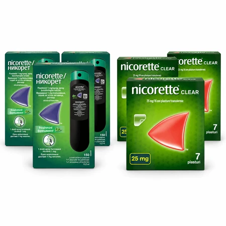 Nicorette Freshmint Spray, 1 mg, 39,6 ml + Nicorette Clear, 15 mg, 21 plastrów, McNeil: ceny i cechy
