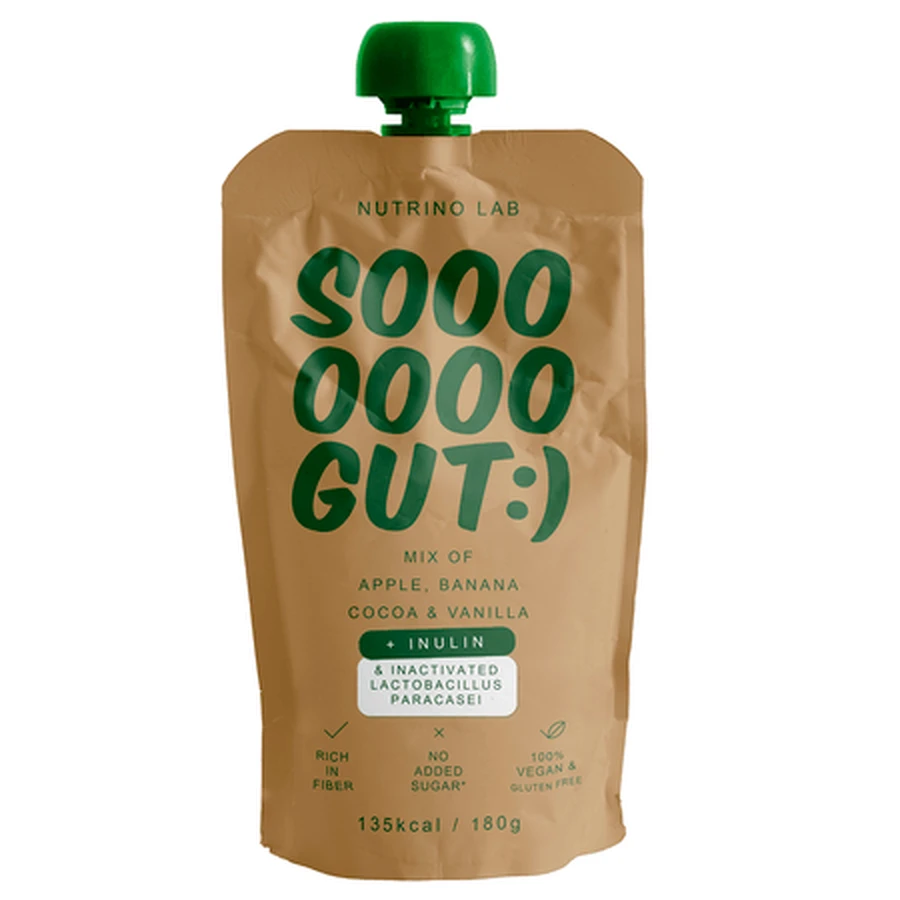 Puré pasteurizado «So Gut» con manzana, plátano, cacao y vainilla, 180 g, Nutrino Lab