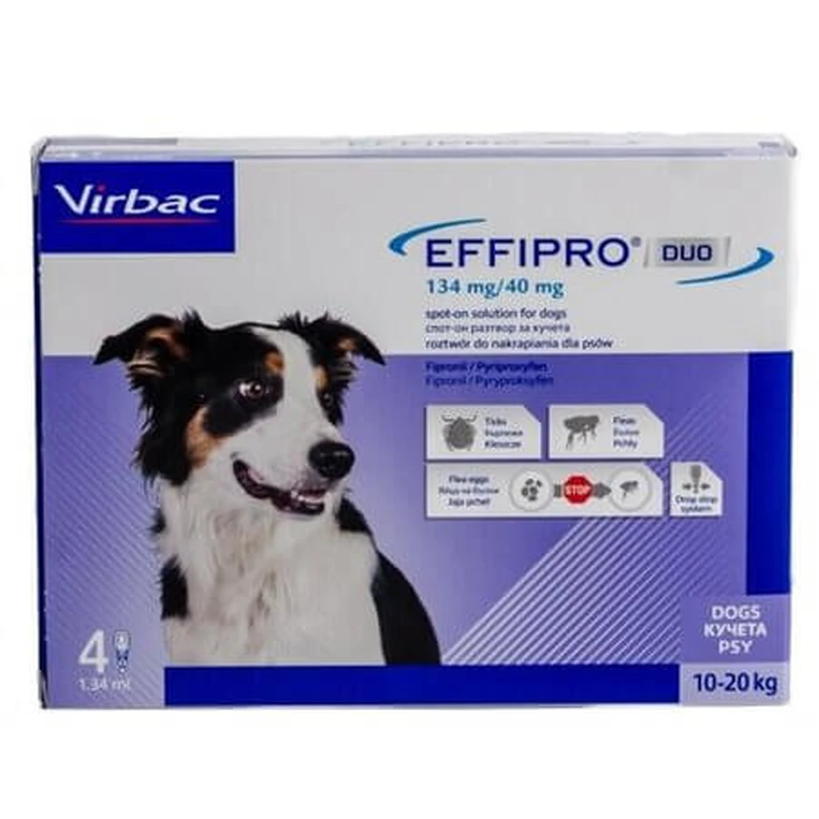 Effipro Duo: tratamiento contra pulgas y garrapatas para perros, tamaño M (10-20 kg), 4 pipetas, Virbac