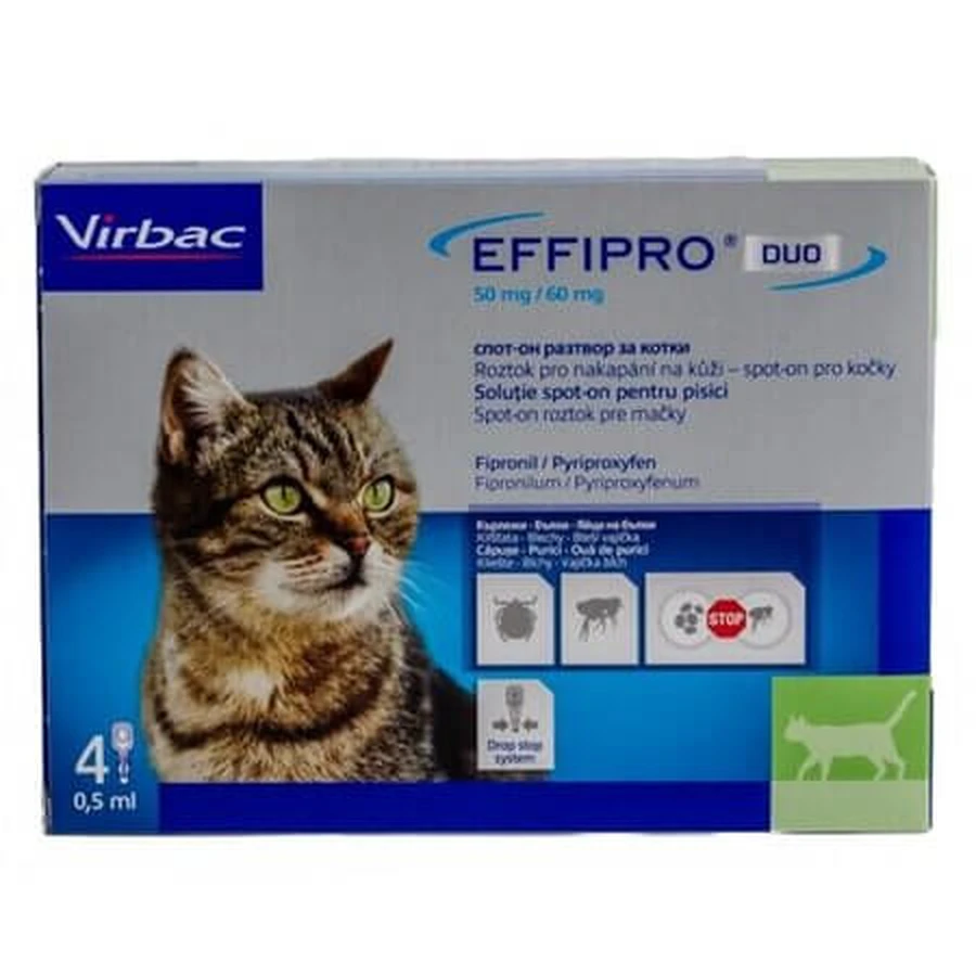Effipro Duo: tratamiento contra pulgas y garrapatas para gatos, 4 pipetas, Virbac