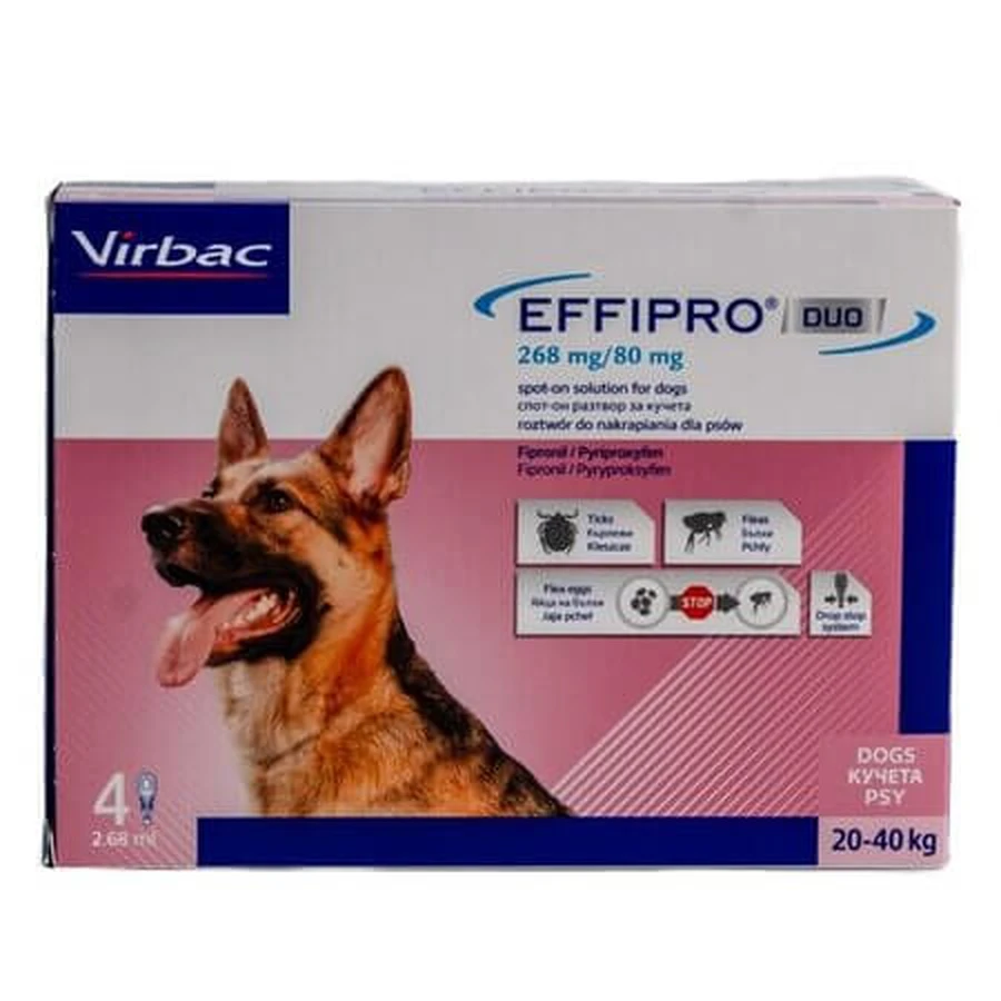 Effipro Duo: tratamiento contra pulgas y garrapatas para perros, tamaño L (20-40 kg), 4 pipetas, Virbac