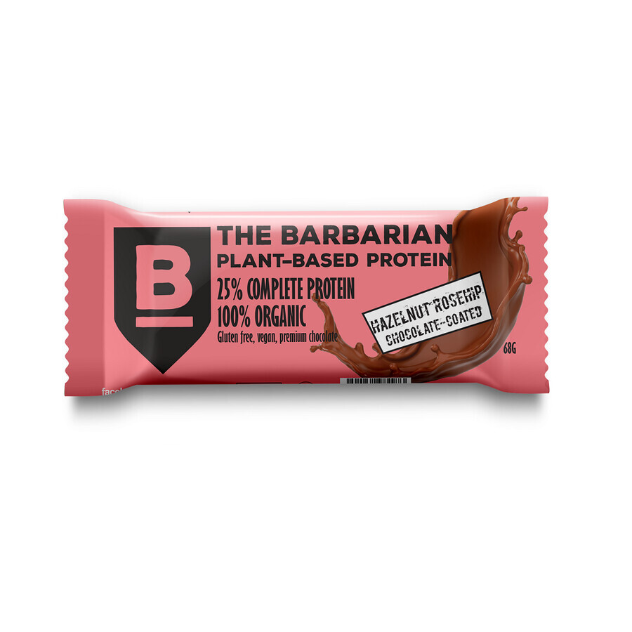 Baton proteic bio invelit in ciocolata cu alune de padure si macese, 68 gr, The Barbarian