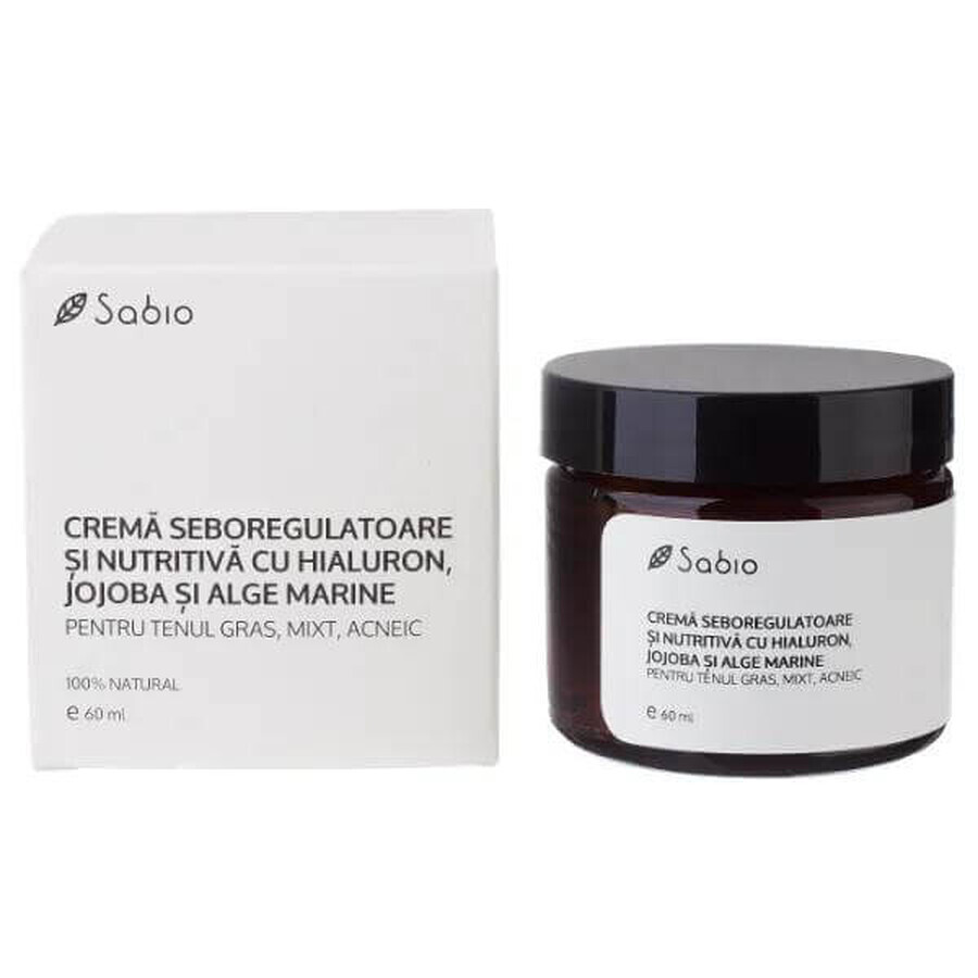 Crema regolatrice della seborrea per pelli grasse, miste e a tendenza acneica con acido ialuronico, jojoba e alghe, 60 ml, Sabio